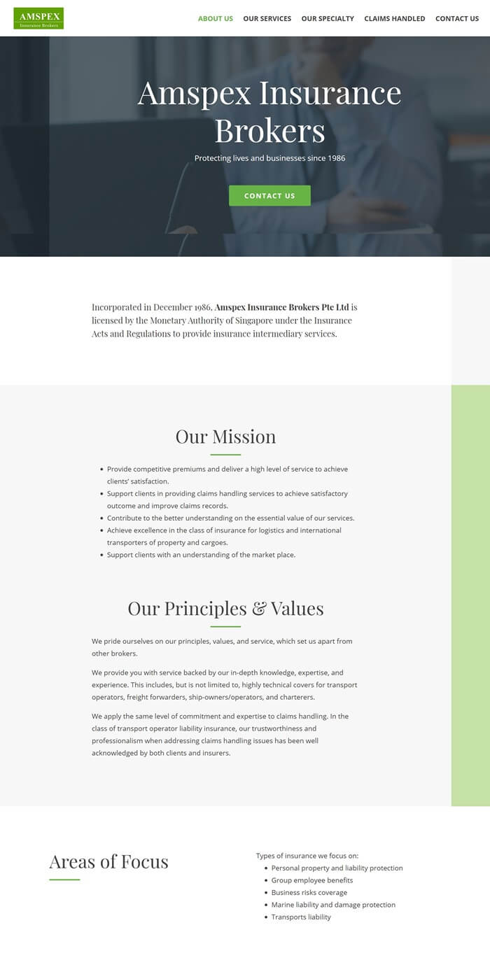 Amspex Insurance Brokers website designed and developed by Emerge mLab (Singapore)