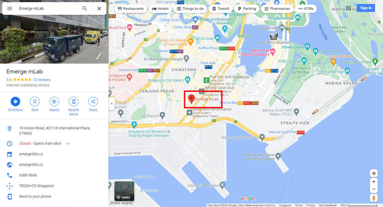 Screenshot of Emerge mLab being displayed on Google Maps