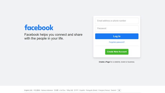 Screenshot of Facebook home page - an example of social media website
