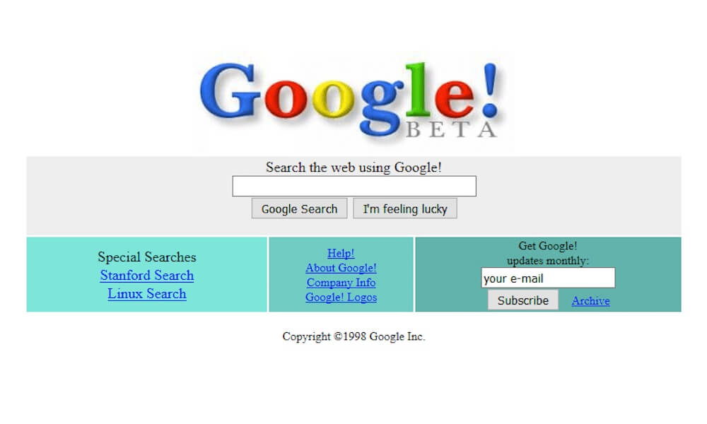 Screenshot of Google home page in 1998
