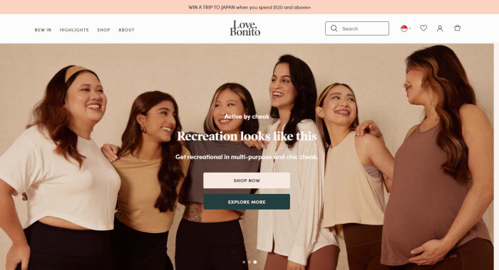 Screenshot of Love, Bonito website home page featuring models of diverse personalities and cultures