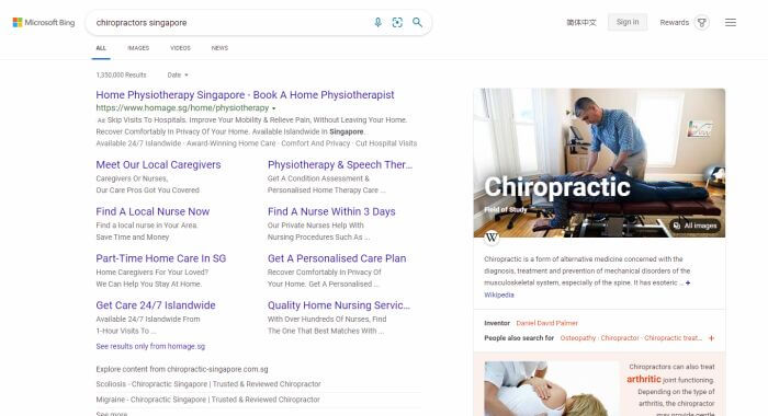 Example of webpages listed on Microsoft Bing search engine results page for search query "chiropractors Singapore"
