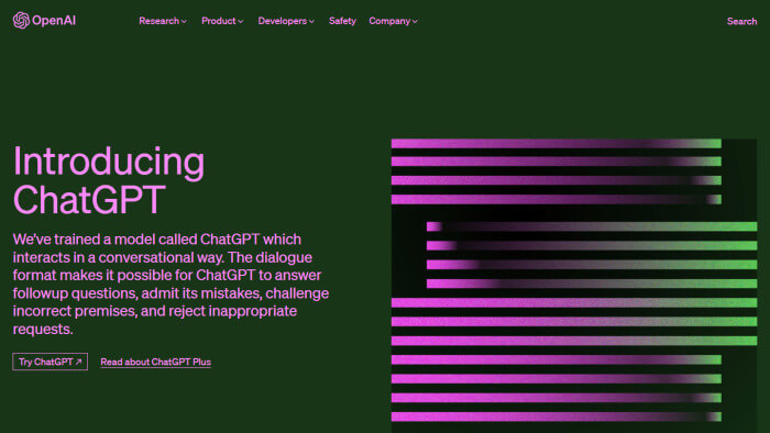 Screenshot of OpenAI web page introducing ChatGPT