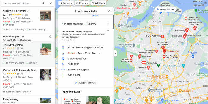 Screenshot of Google Maps displaying shops for "pet shop near me" search query