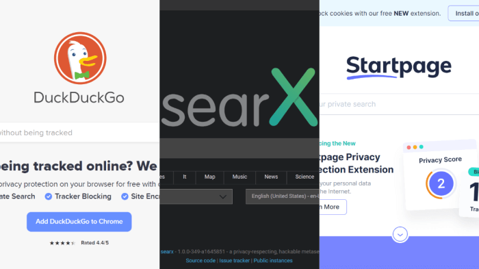 Screenshots of DuckDuckGo, searX, Startpage private search engine websites