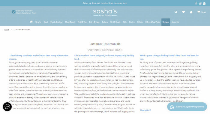 Screenshot of Sasha's Fine Foods web page containing customer testimonials