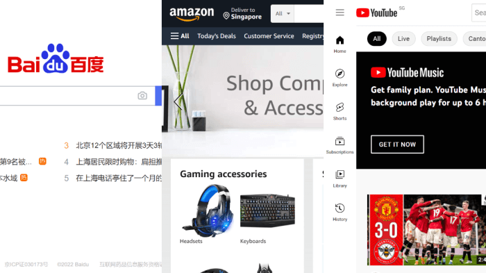 Screenshots of Baidu, Amazon, and YouTube search engine websites